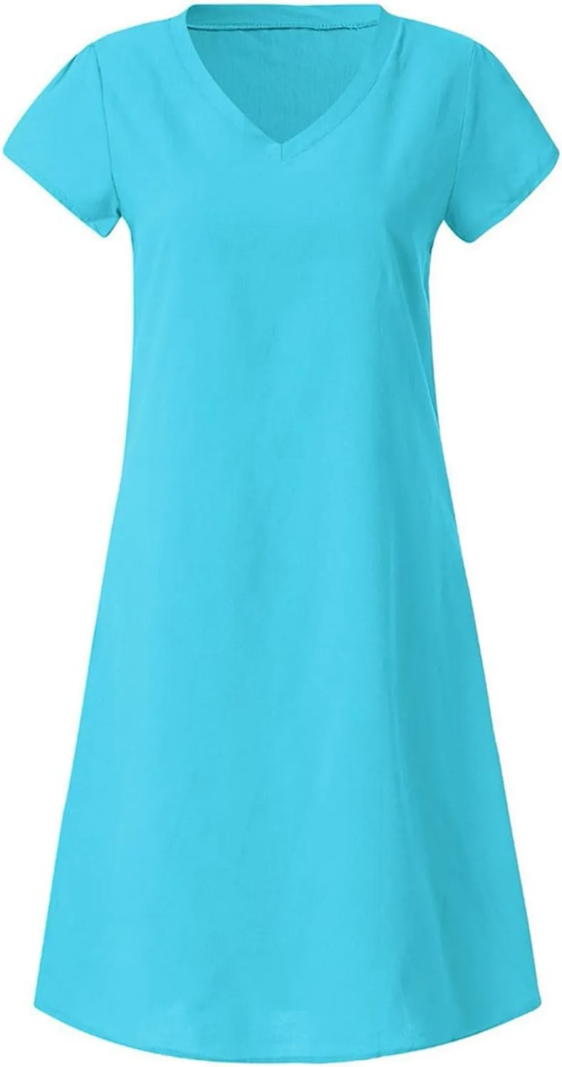 Womens Summer Cotton Linen Dress Loose Casual Short Sleeve V-Neck T-Shirt Dresses Beach Vacation Plus Size Dress