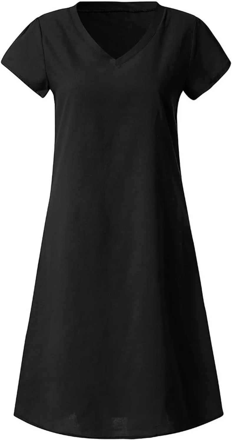 Womens Summer Cotton Linen Dress Loose Casual Short Sleeve V-Neck T-Shirt Dresses Beach Vacation Plus Size Dress