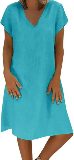 Womens Summer Cotton Linen Dress Loose Casual Short Sleeve V-Neck T-Shirt Dresses Beach Vacation Plus Size Dress