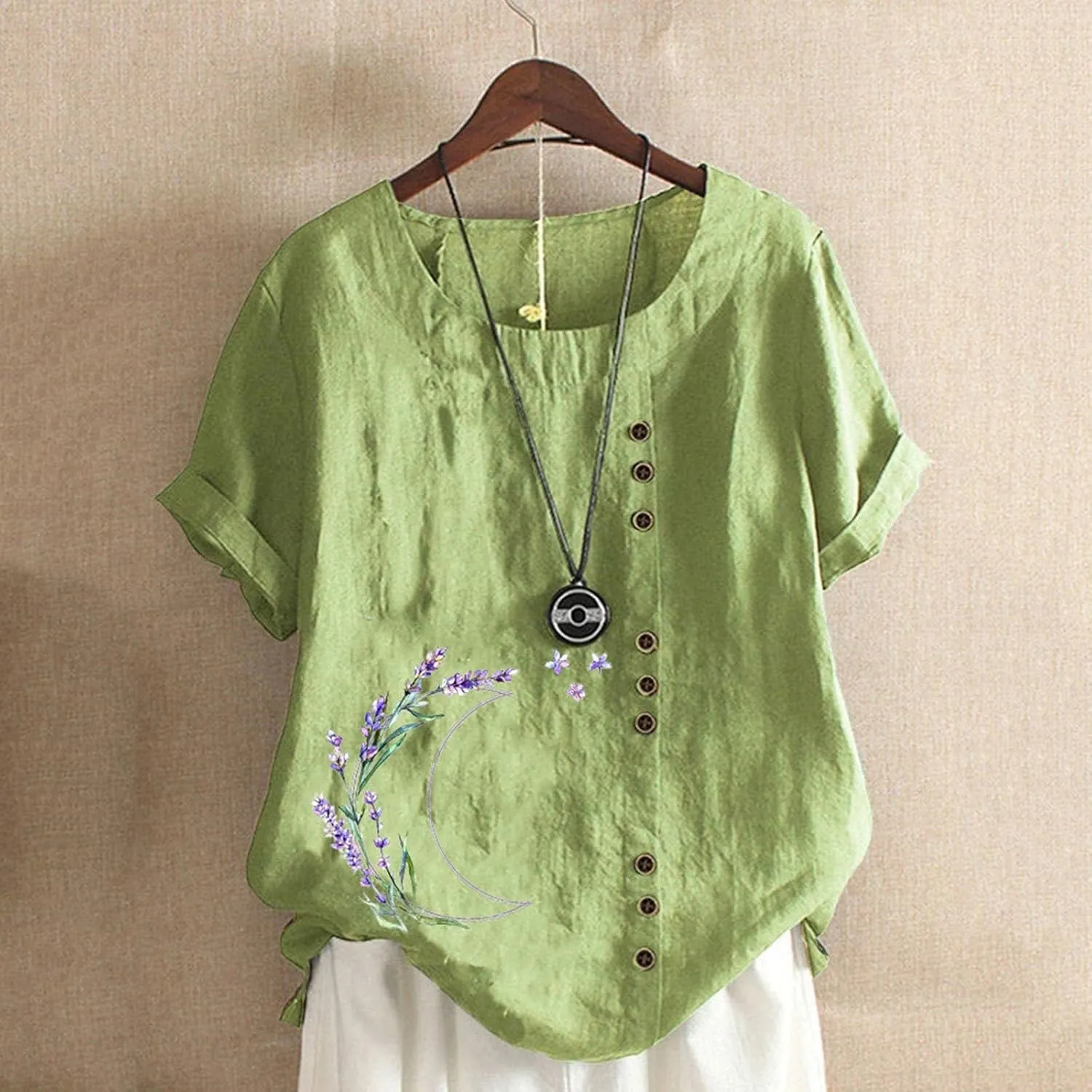 Womens Summer Cotton Linen Shirts Causal Crewneck Short Sleeve Tops Printed Oversized T-Shirt Loose Summer Tops