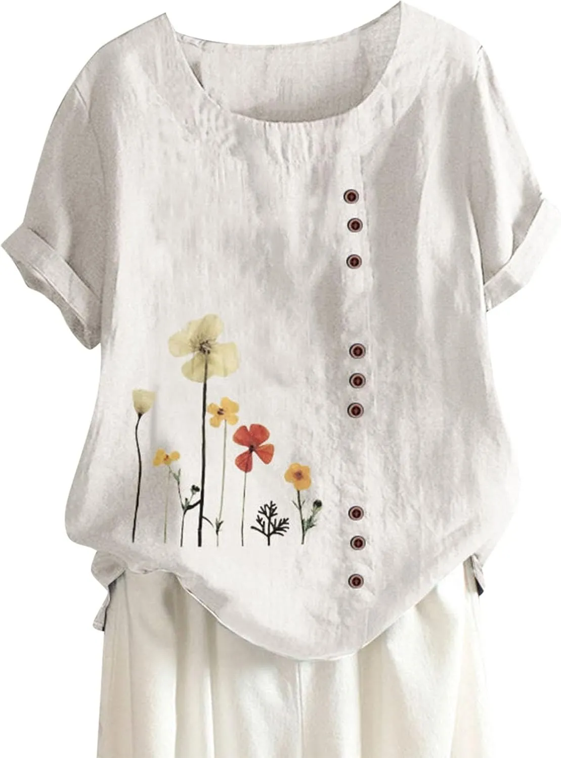 Womens Summer Cotton Linen Shirts Causal Crewneck Short Sleeve Tops Printed Oversized T-Shirt Loose Summer Tops