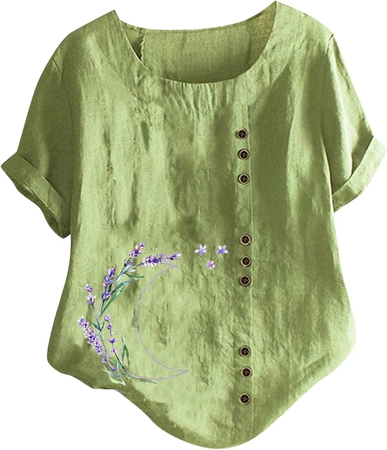 Womens Summer Cotton Linen Shirts Causal Crewneck Short Sleeve Tops Printed Oversized T-Shirt Loose Summer Tops