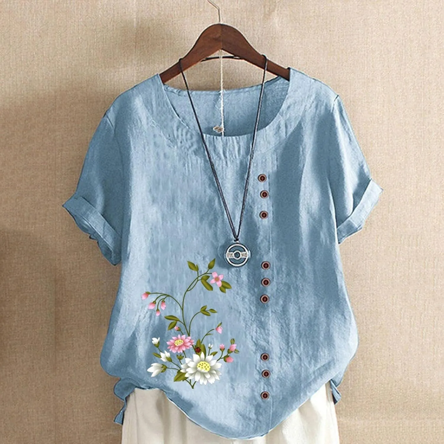 Womens Summer Cotton Linen Shirts Causal Crewneck Short Sleeve Tops Printed Oversized T-Shirt Loose Summer Tops