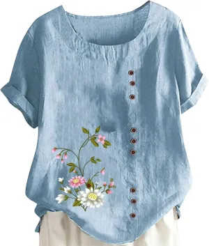 Womens Summer Cotton Linen Shirts Causal Crewneck Short Sleeve Tops Printed Oversized T-Shirt Loose Summer Tops