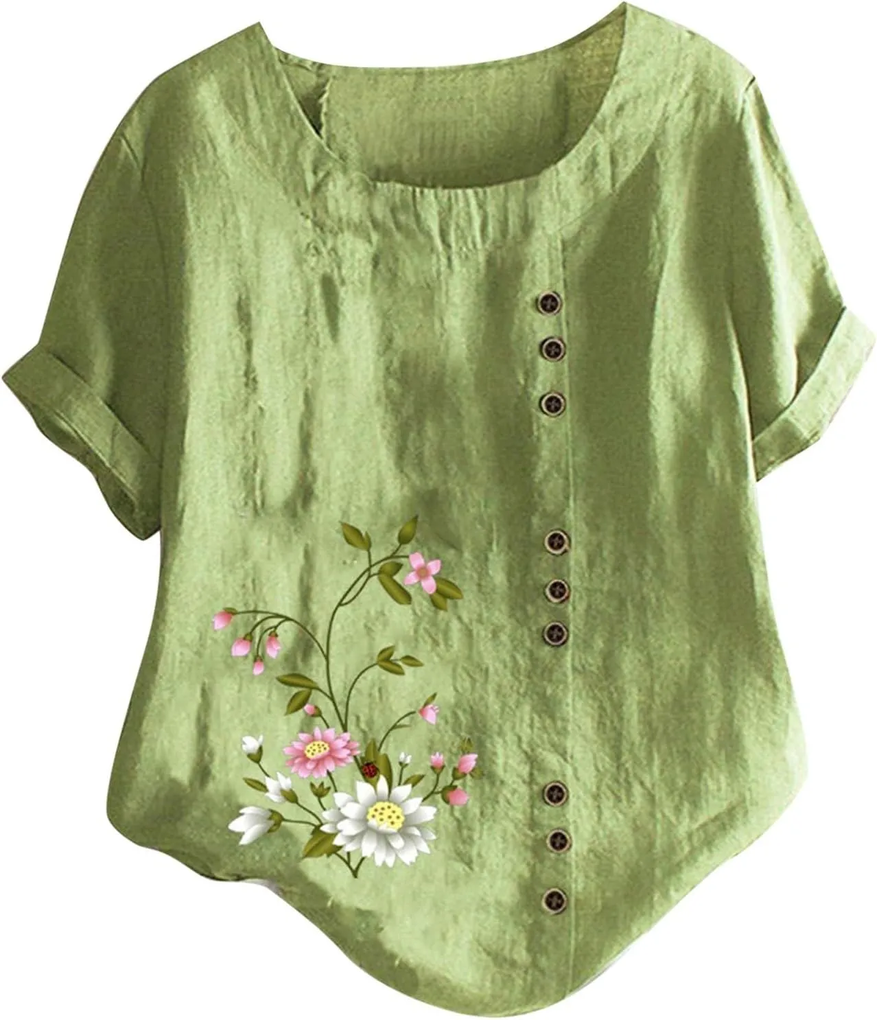 Womens Summer Cotton Linen Shirts Causal Crewneck Short Sleeve Tops Printed Oversized T-Shirt Loose Summer Tops