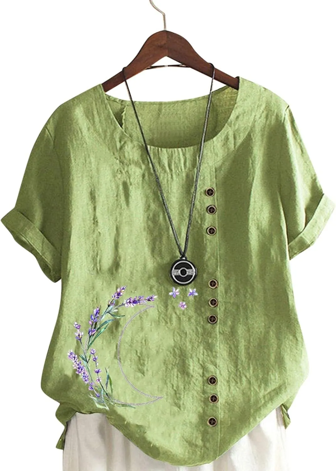 Womens Summer Cotton Linen Shirts Causal Crewneck Short Sleeve Tops Printed Oversized T-Shirt Loose Summer Tops