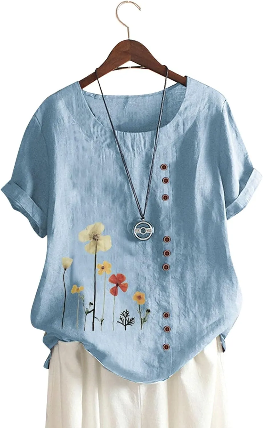 Womens Summer Cotton Linen Shirts Causal Crewneck Short Sleeve Tops Printed Oversized T-Shirt Loose Summer Tops