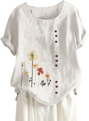 Womens Summer Cotton Linen Shirts Causal Crewneck Short Sleeve Tops Printed Oversized T-Shirt Loose Summer Tops