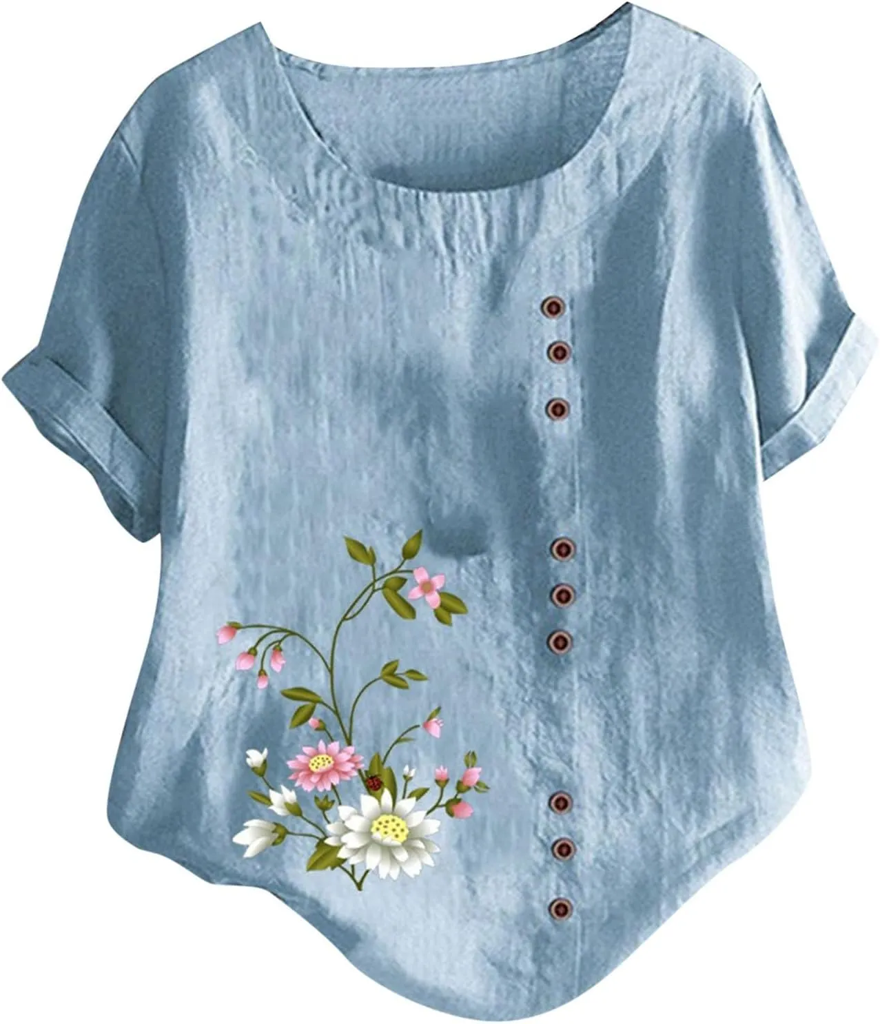 Womens Summer Cotton Linen Shirts Causal Crewneck Short Sleeve Tops Printed Oversized T-Shirt Loose Summer Tops