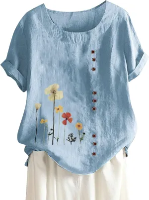 Womens Summer Cotton Linen Shirts Causal Crewneck Short Sleeve Tops Printed Oversized T-Shirt Loose Summer Tops