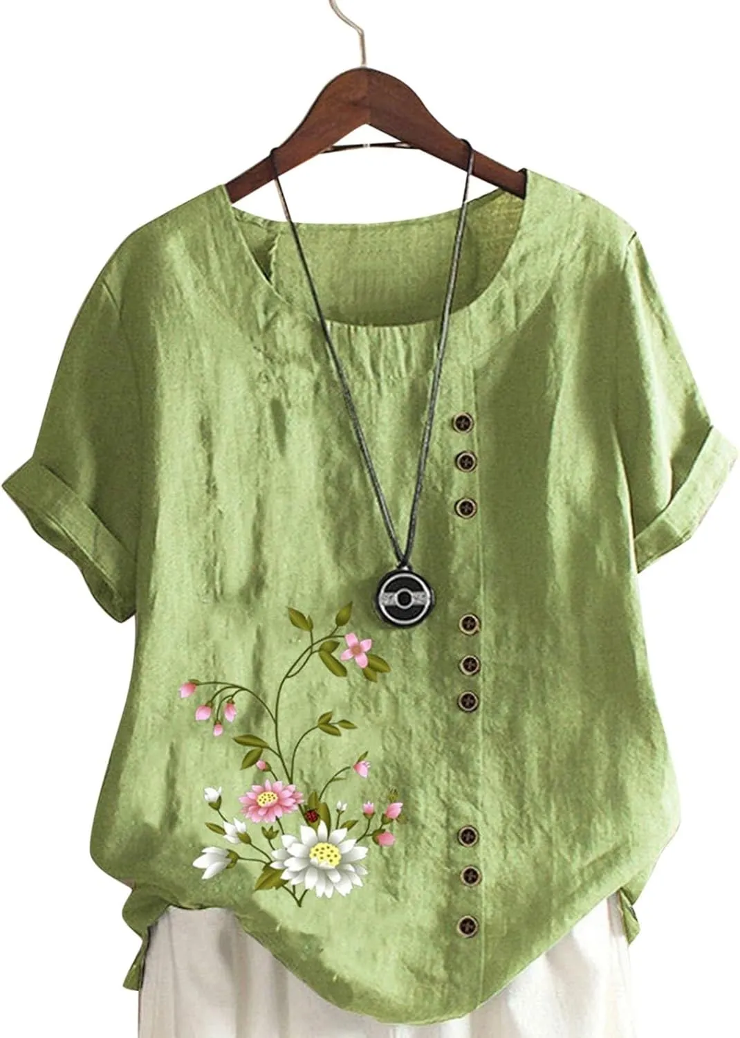 Womens Summer Cotton Linen Shirts Causal Crewneck Short Sleeve Tops Printed Oversized T-Shirt Loose Summer Tops