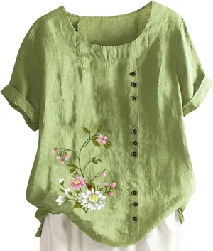 Womens Summer Cotton Linen Shirts Causal Crewneck Short Sleeve Tops Printed Oversized T-Shirt Loose Summer Tops
