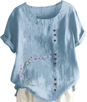 Womens Summer Cotton Linen Shirts Causal Crewneck Short Sleeve Tops Printed Oversized T-Shirt Loose Summer Tops