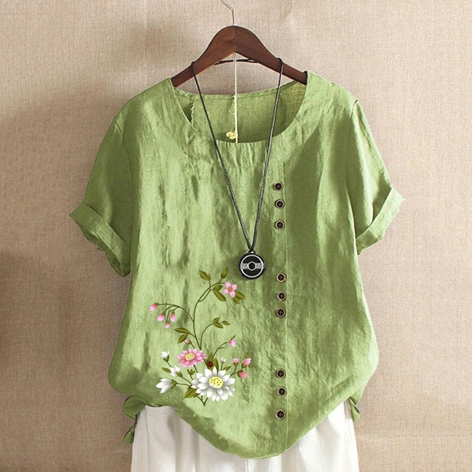Womens Summer Cotton Linen Shirts Causal Crewneck Short Sleeve Tops Printed Oversized T-Shirt Loose Summer Tops