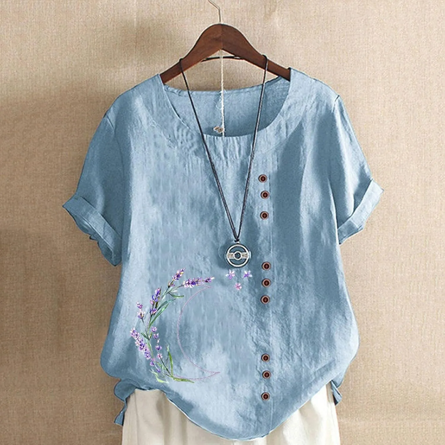 Womens Summer Cotton Linen Shirts Causal Crewneck Short Sleeve Tops Printed Oversized T-Shirt Loose Summer Tops