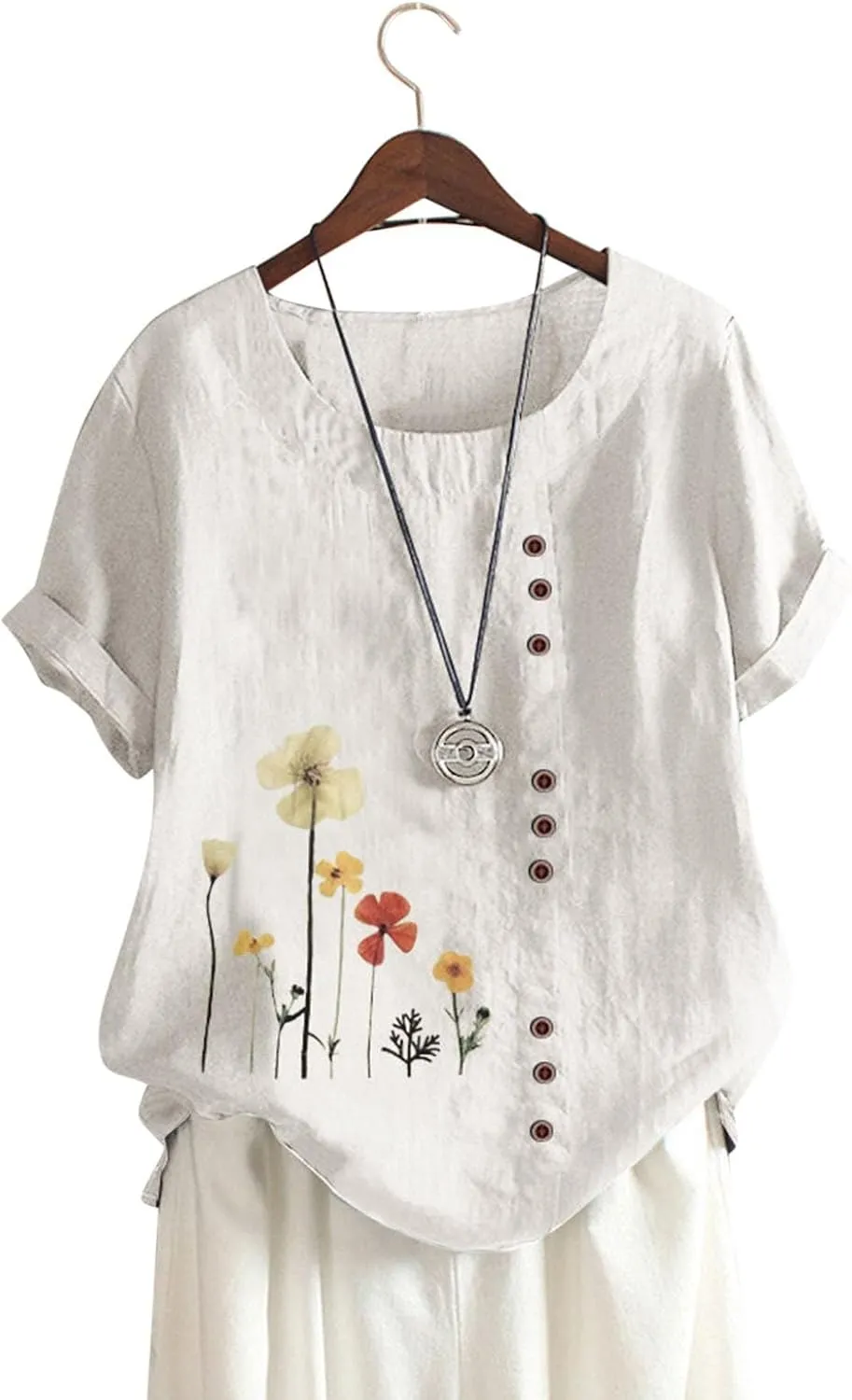 Womens Summer Cotton Linen Shirts Causal Crewneck Short Sleeve Tops Printed Oversized T-Shirt Loose Summer Tops