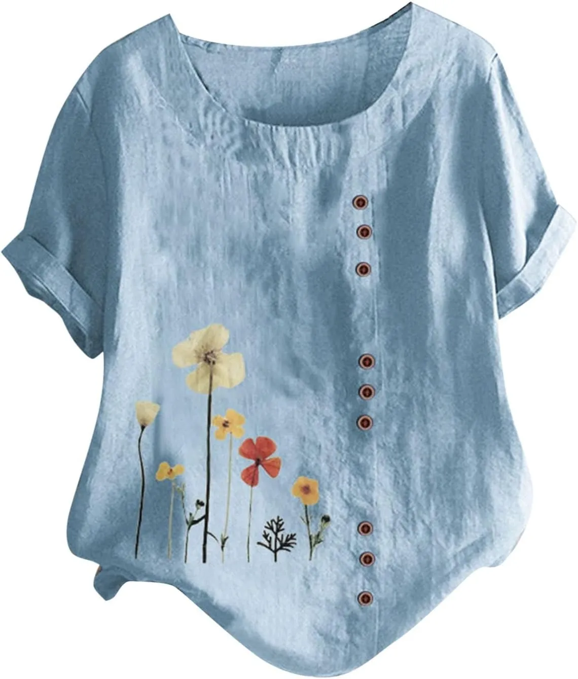 Womens Summer Cotton Linen Shirts Causal Crewneck Short Sleeve Tops Printed Oversized T-Shirt Loose Summer Tops