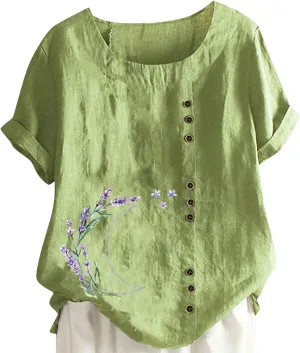Womens Summer Cotton Linen Shirts Causal Crewneck Short Sleeve Tops Printed Oversized T-Shirt Loose Summer Tops