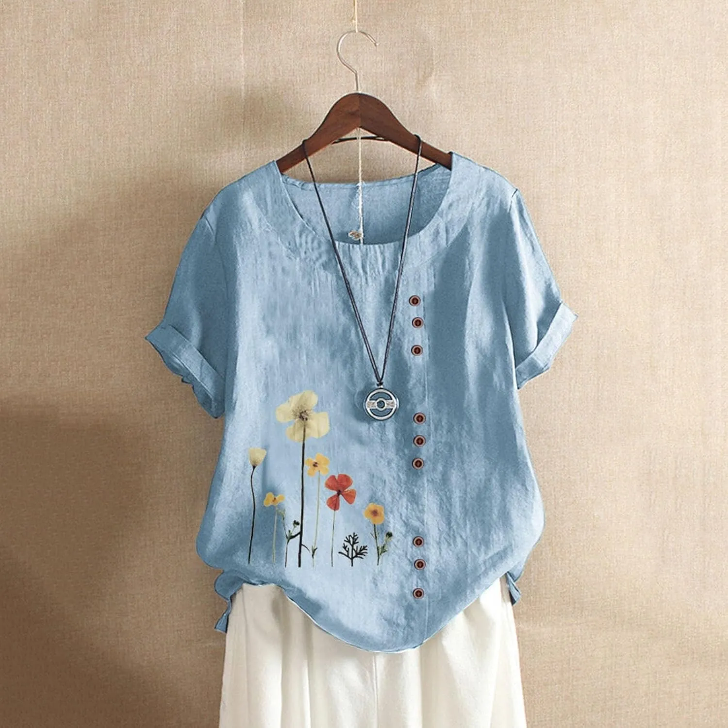 Womens Summer Cotton Linen Shirts Causal Crewneck Short Sleeve Tops Printed Oversized T-Shirt Loose Summer Tops