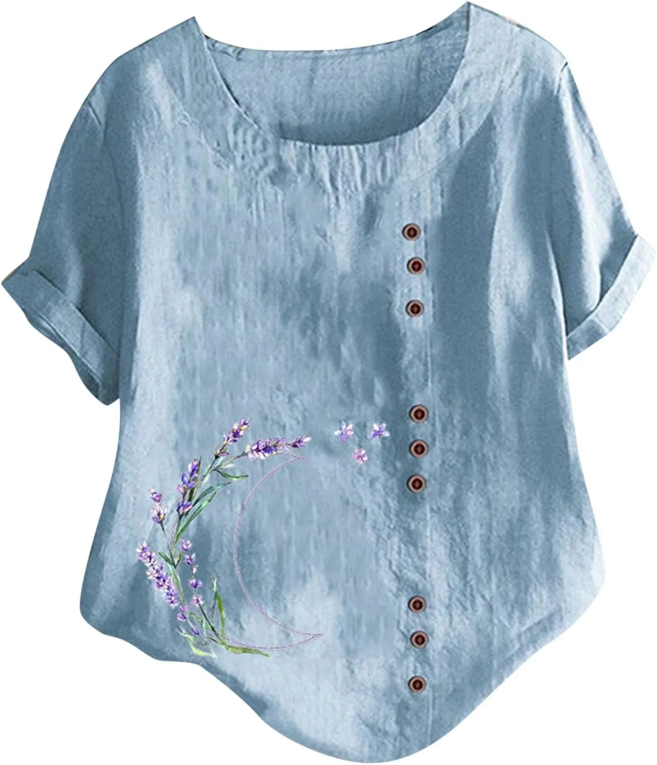 Womens Summer Cotton Linen Shirts Causal Crewneck Short Sleeve Tops Printed Oversized T-Shirt Loose Summer Tops