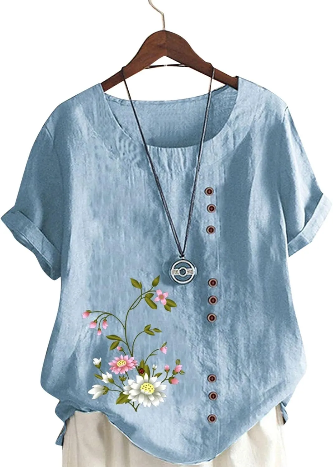 Womens Summer Cotton Linen Shirts Causal Crewneck Short Sleeve Tops Printed Oversized T-Shirt Loose Summer Tops