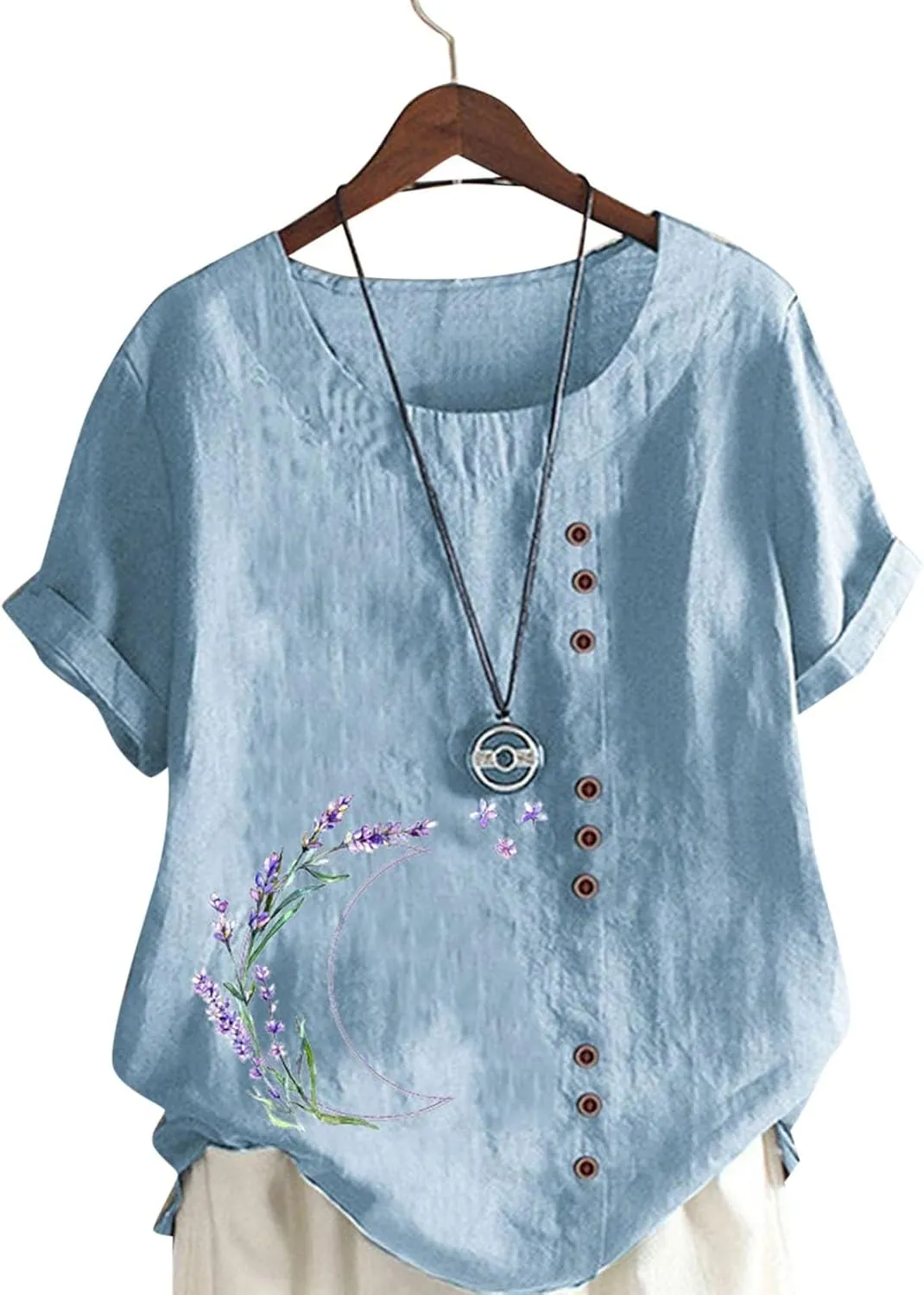 Womens Summer Cotton Linen Shirts Causal Crewneck Short Sleeve Tops Printed Oversized T-Shirt Loose Summer Tops