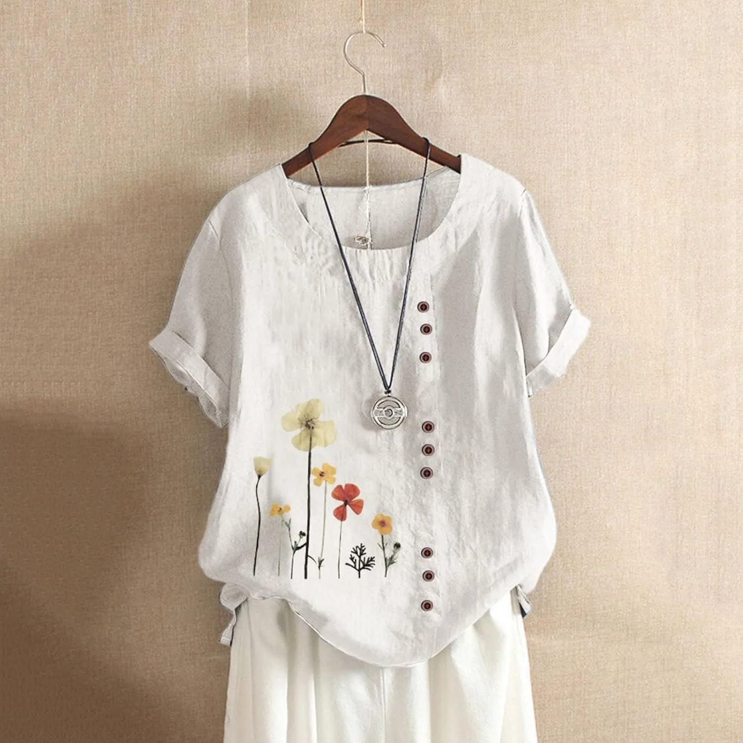 Womens Summer Cotton Linen Shirts Causal Crewneck Short Sleeve Tops Printed Oversized T-Shirt Loose Summer Tops