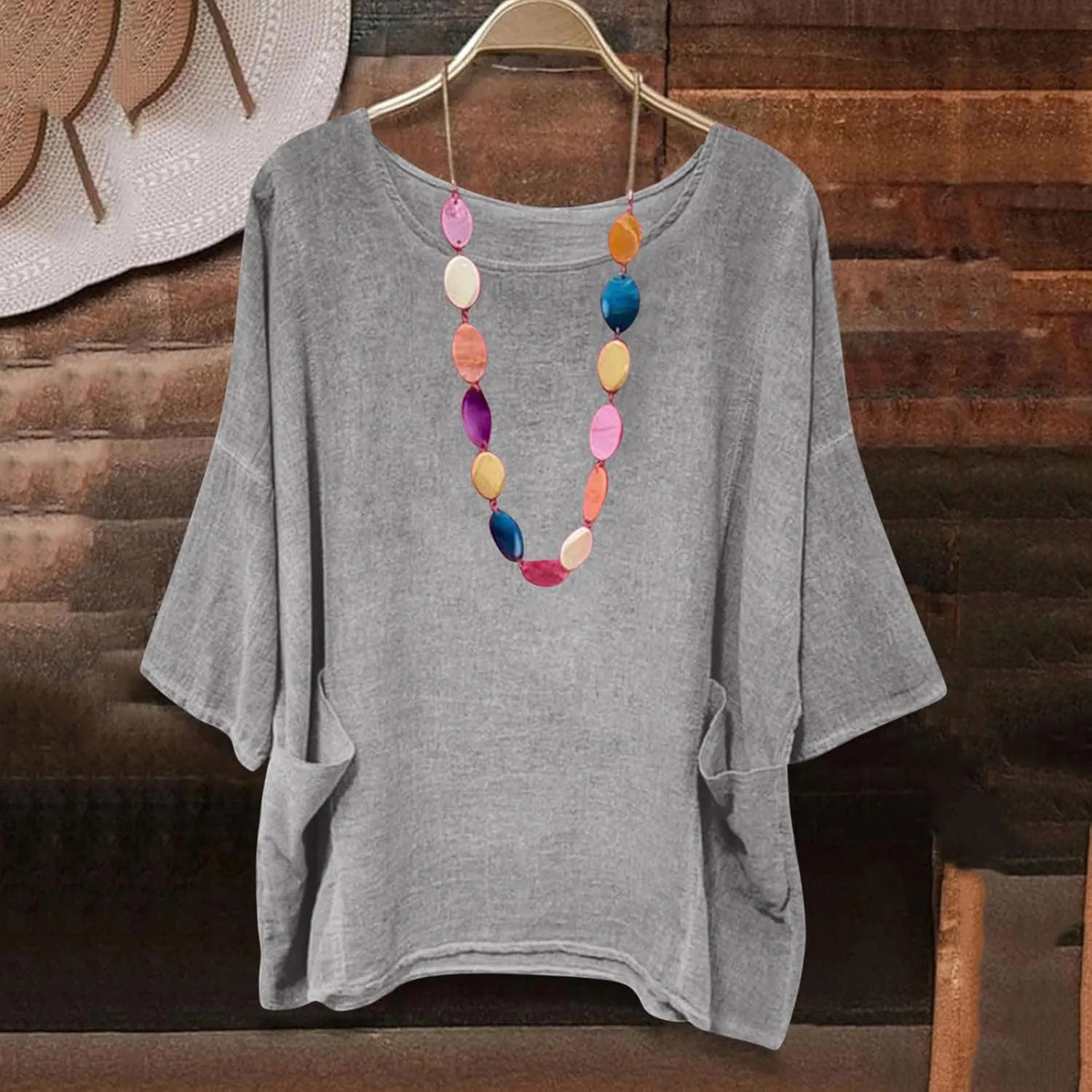 Women's Summer Cotton Linen Shirts Oversized Boho Half Sleeve Tunic Tops with Pocket Casual Comfy Beach Camping Outfit