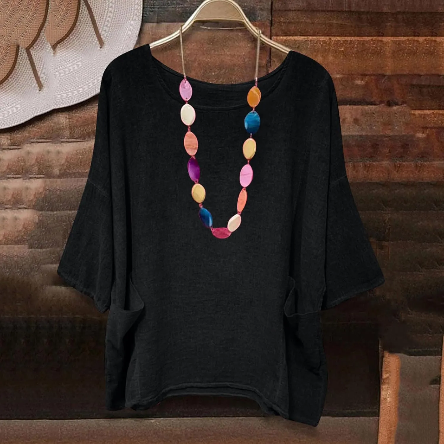 Women's Summer Cotton Linen Shirts Oversized Boho Half Sleeve Tunic Tops with Pocket Casual Comfy Beach Camping Outfit