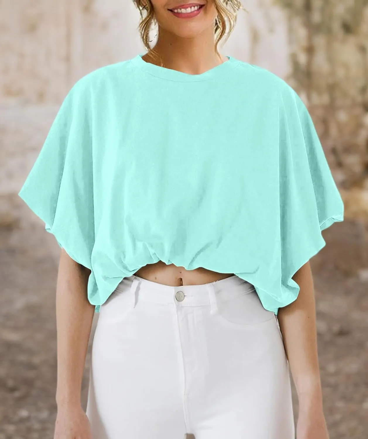 Womens Summer Crewneck Crop Tops Short Sleeve Casual Loose Cropped T Shirts