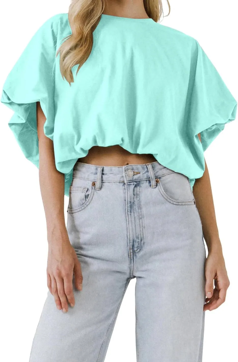 Womens Summer Crewneck Crop Tops Short Sleeve Casual Loose Cropped T Shirts