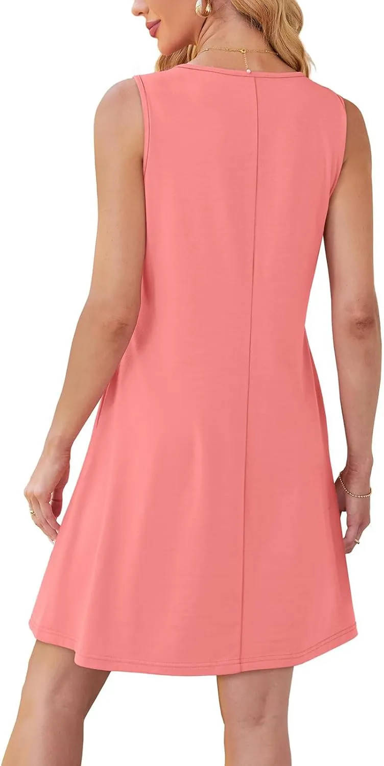 Womens Summer Dresses Casual Sleeveless Tank Sundress Pleated Front Loose Crew Neck Tshirt Dress Beach with Pockets