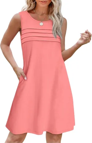 Womens Summer Dresses Casual Sleeveless Tank Sundress Pleated Front Loose Crew Neck Tshirt Dress Beach with Pockets