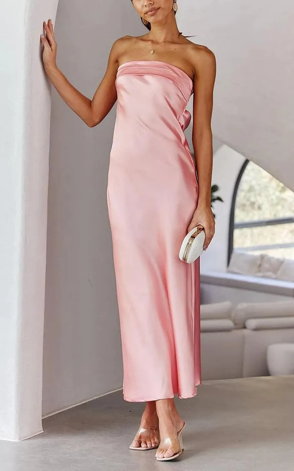 Women's Summer Satin Silk Maxi Bodycon Dresses Strapless Tube Backless Hollow Out Elegant Long Party Club Dress