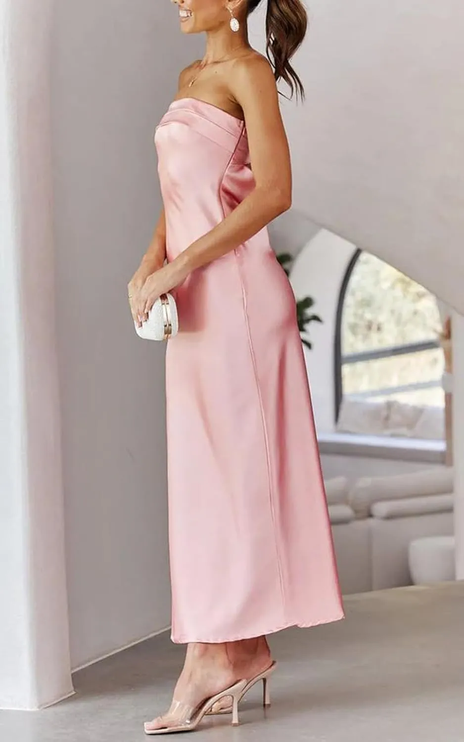 Women's Summer Satin Silk Maxi Bodycon Dresses Strapless Tube Backless Hollow Out Elegant Long Party Club Dress