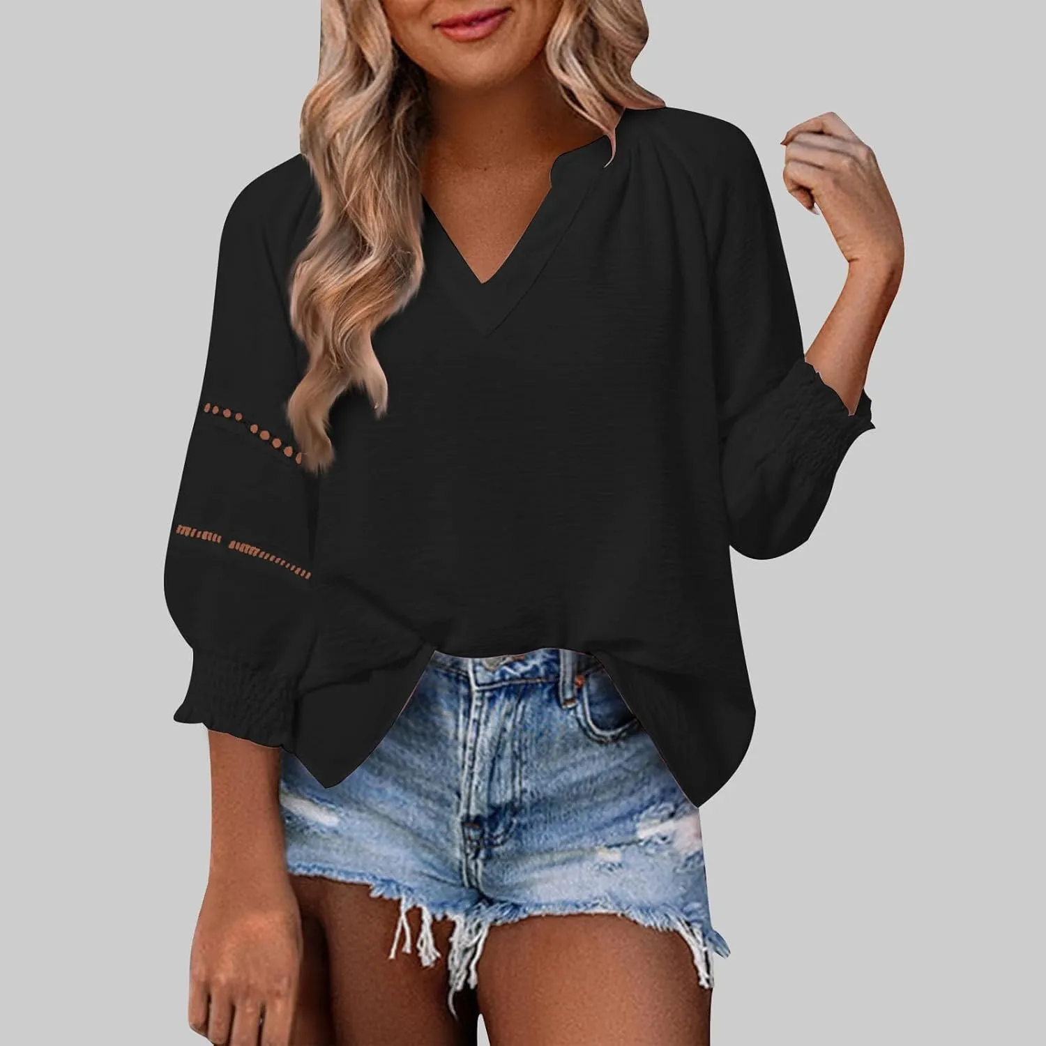 Womens Summer Tops 3/4 Lantern Sleeve Casual V-Neck T-Shirts Chiffon Pleated Loose Tunic Lace Hollow-Out Blouse