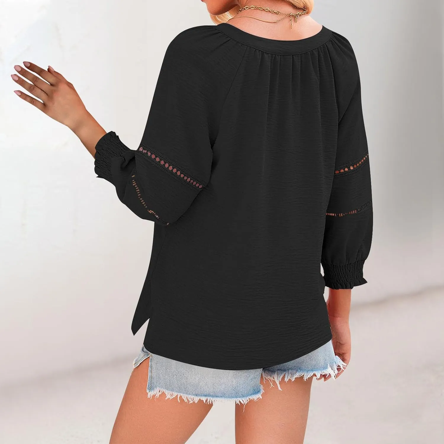 Womens Summer Tops 3/4 Lantern Sleeve Casual V-Neck T-Shirts Chiffon Pleated Loose Tunic Lace Hollow-Out Blouse