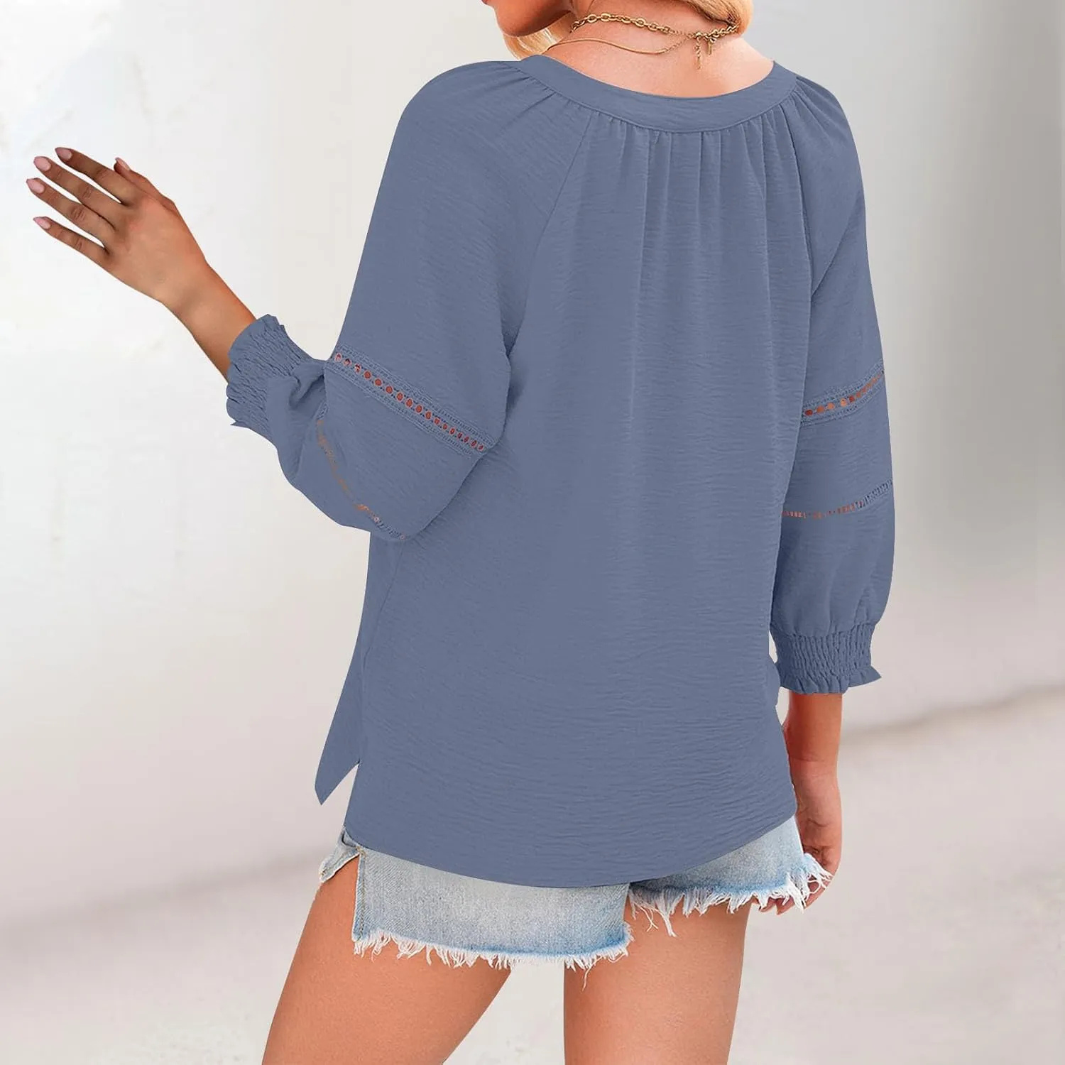 Womens Summer Tops 3/4 Lantern Sleeve Casual V-Neck T-Shirts Chiffon Pleated Loose Tunic Lace Hollow-Out Blouse