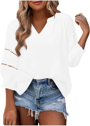 Womens Summer Tops 3/4 Lantern Sleeve Casual V-Neck T-Shirts Chiffon Pleated Loose Tunic Lace Hollow-Out Blouse