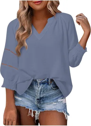 Womens Summer Tops 3/4 Lantern Sleeve Casual V-Neck T-Shirts Chiffon Pleated Loose Tunic Lace Hollow-Out Blouse