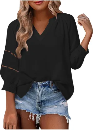 Womens Summer Tops 3/4 Lantern Sleeve Casual V-Neck T-Shirts Chiffon Pleated Loose Tunic Lace Hollow-Out Blouse