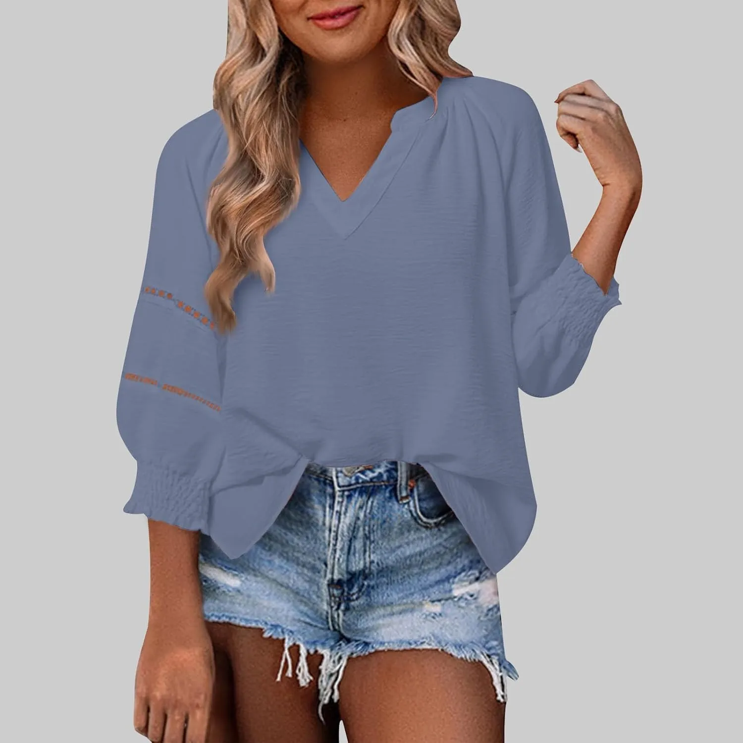 Womens Summer Tops 3/4 Lantern Sleeve Casual V-Neck T-Shirts Chiffon Pleated Loose Tunic Lace Hollow-Out Blouse