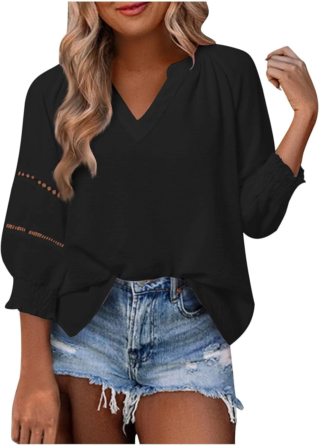 Womens Summer Tops 3/4 Lantern Sleeve Casual V-Neck T-Shirts Chiffon Pleated Loose Tunic Lace Hollow-Out Blouse