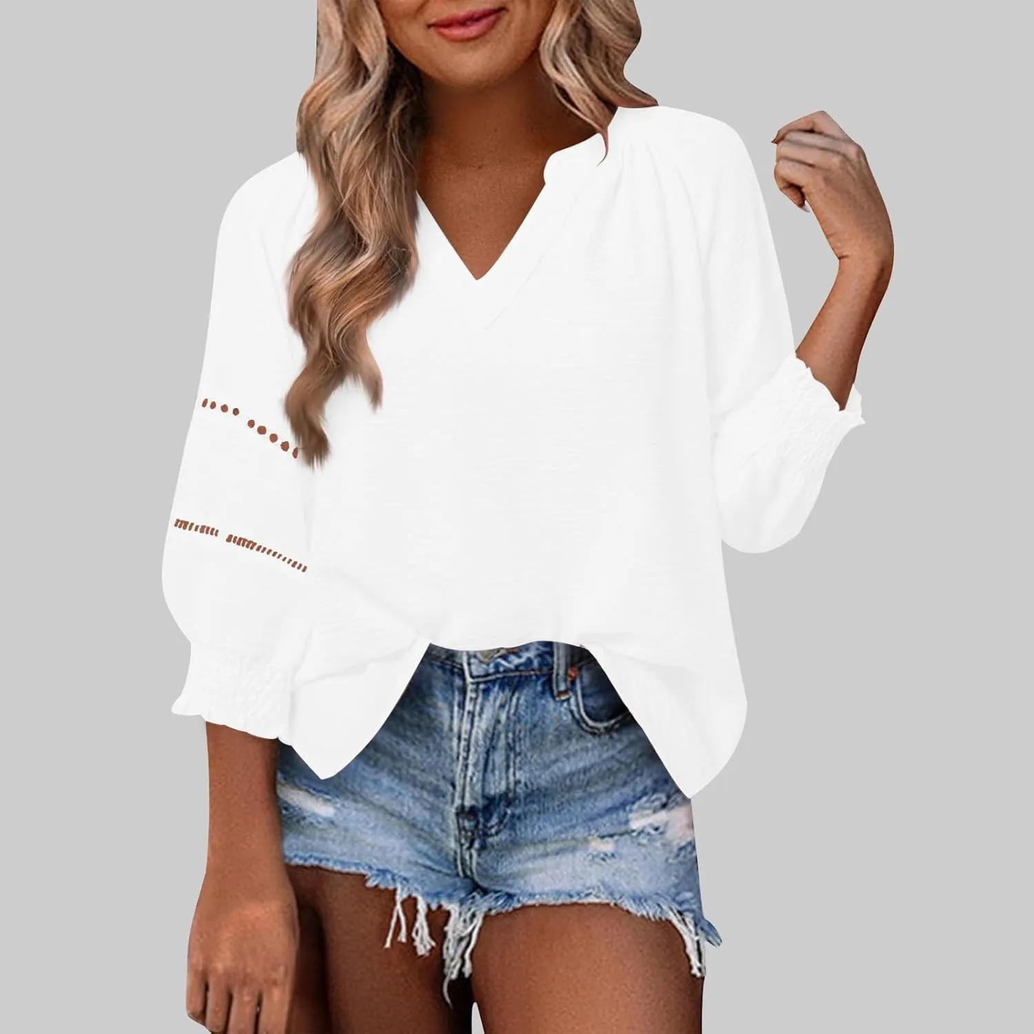 Womens Summer Tops 3/4 Lantern Sleeve Casual V-Neck T-Shirts Chiffon Pleated Loose Tunic Lace Hollow-Out Blouse