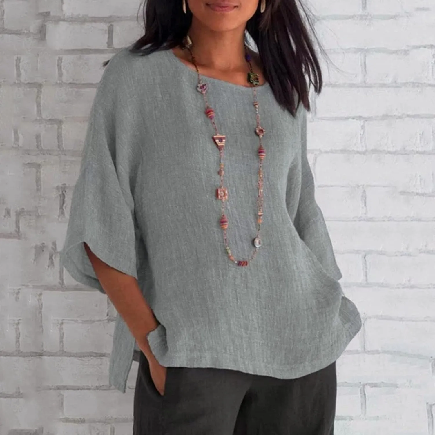Women's Summer Tops Trendy Comfy Cotton Linen Shirts Loose Soft Linen Blouse Round Neck Oversized Tunic Blouses