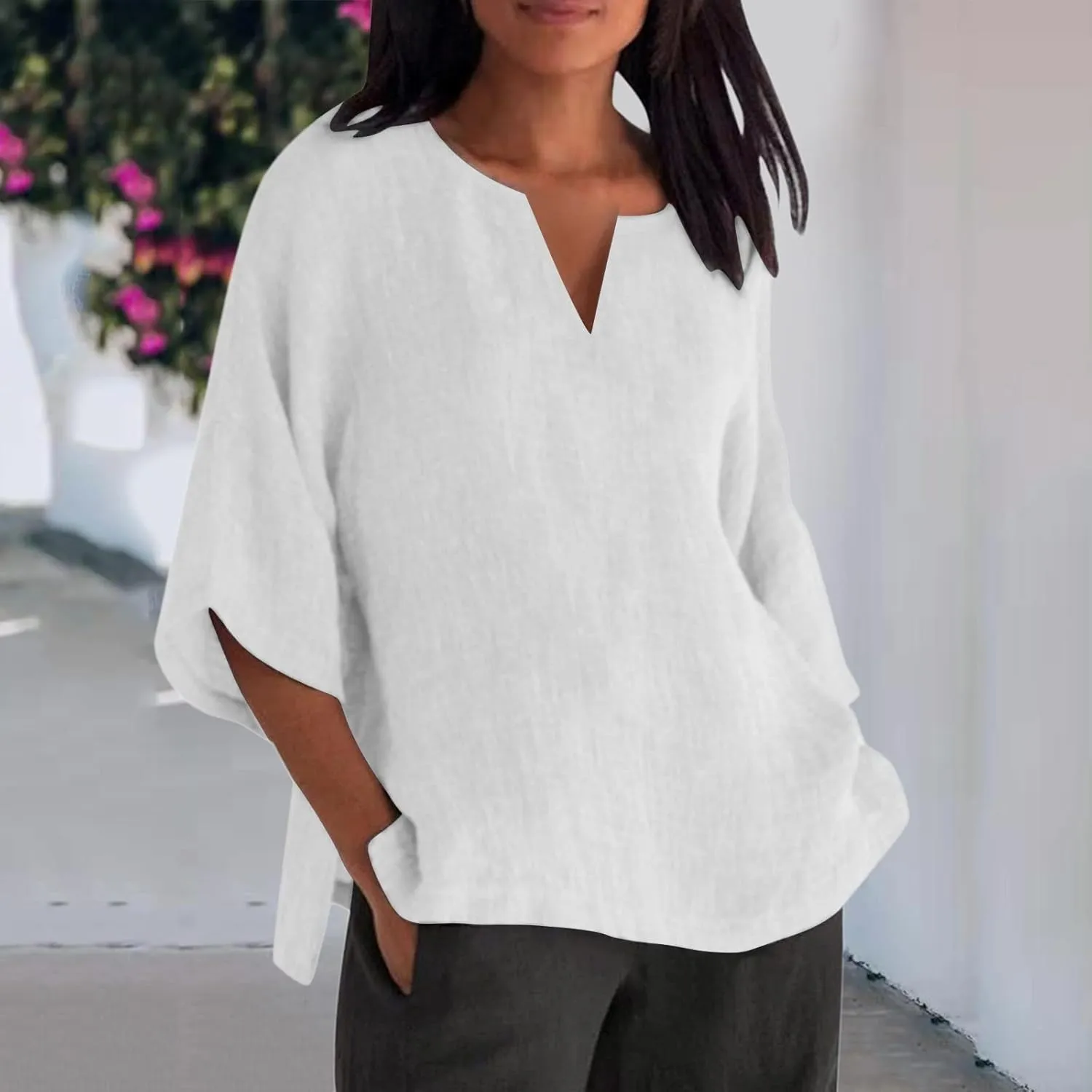 Women's Summer Tops Trendy Comfy Cotton Linen Shirts Loose Soft Linen Blouse Round Neck Oversized Tunic Blouses