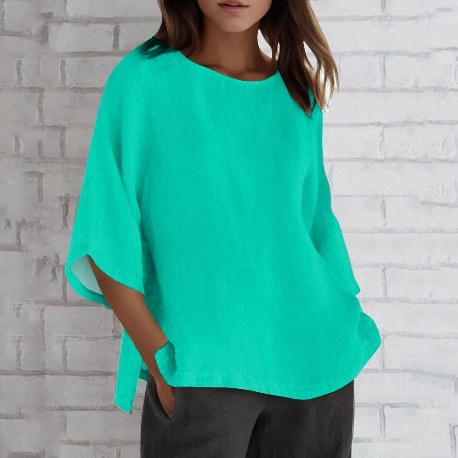 Women's Summer Tops Trendy Comfy Cotton Linen Shirts Loose Soft Linen Blouse Round Neck Oversized Tunic Blouses