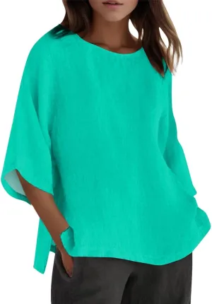 Women's Summer Tops Trendy Comfy Cotton Linen Shirts Loose Soft Linen Blouse Round Neck Oversized Tunic Blouses