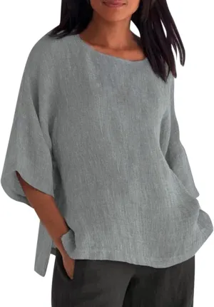 Women's Summer Tops Trendy Comfy Cotton Linen Shirts Loose Soft Linen Blouse Round Neck Oversized Tunic Blouses