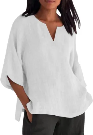 Women's Summer Tops Trendy Comfy Cotton Linen Shirts Loose Soft Linen Blouse Round Neck Oversized Tunic Blouses